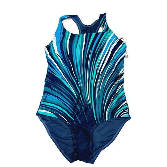 Ladies One Piece Open Back Padded Swimsuit Womens Size M Blue Green - Picture 1 of 5